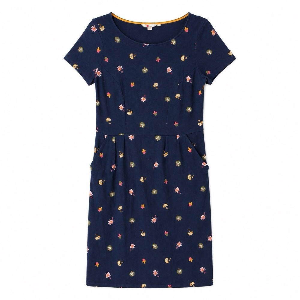Boden Womens 8 Dress Navy Blue Floral Pockets Cotton Sheath Short Sleeve Summer